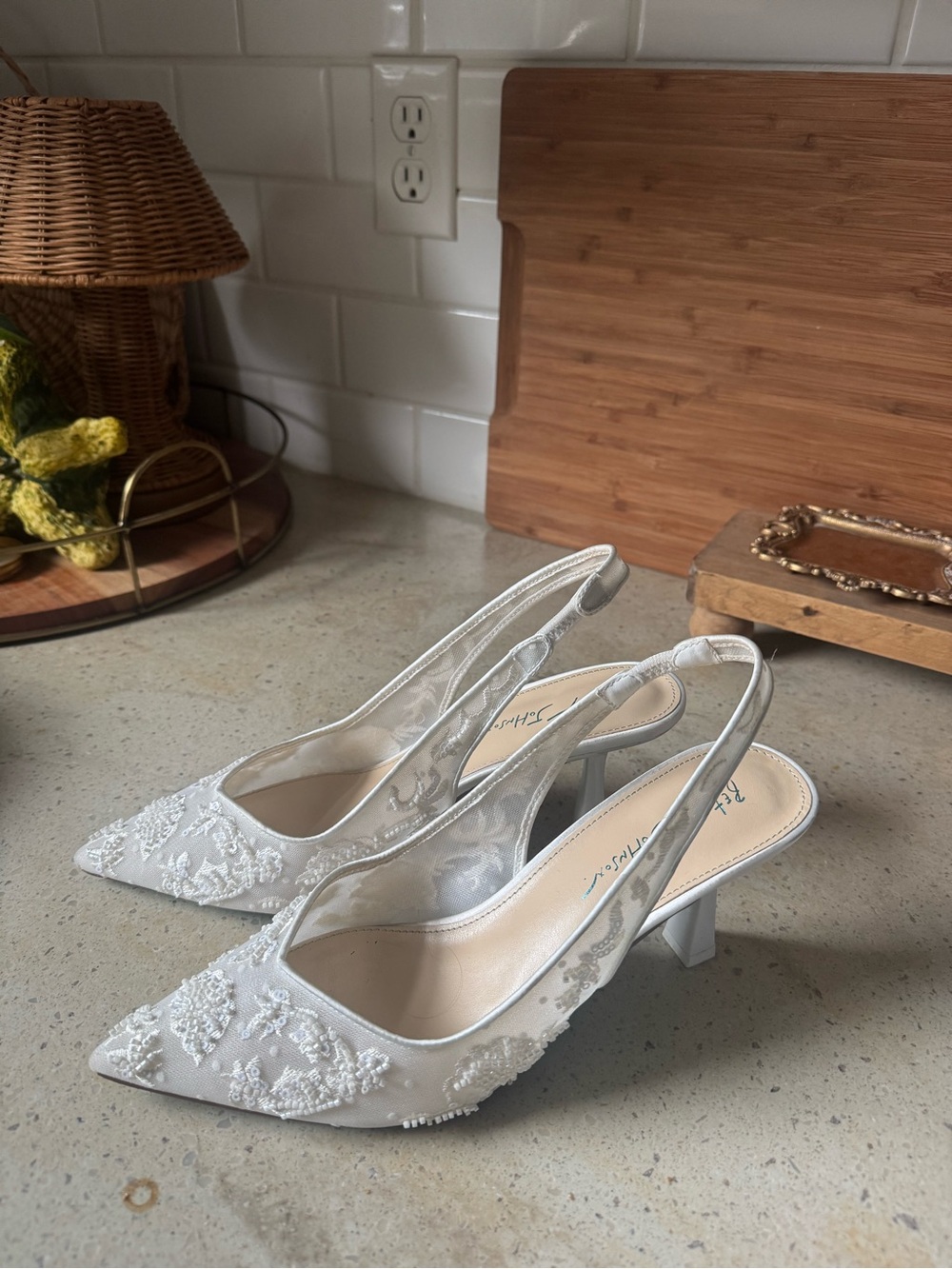 Betsey Johnson White Embroidered Slingback Heels